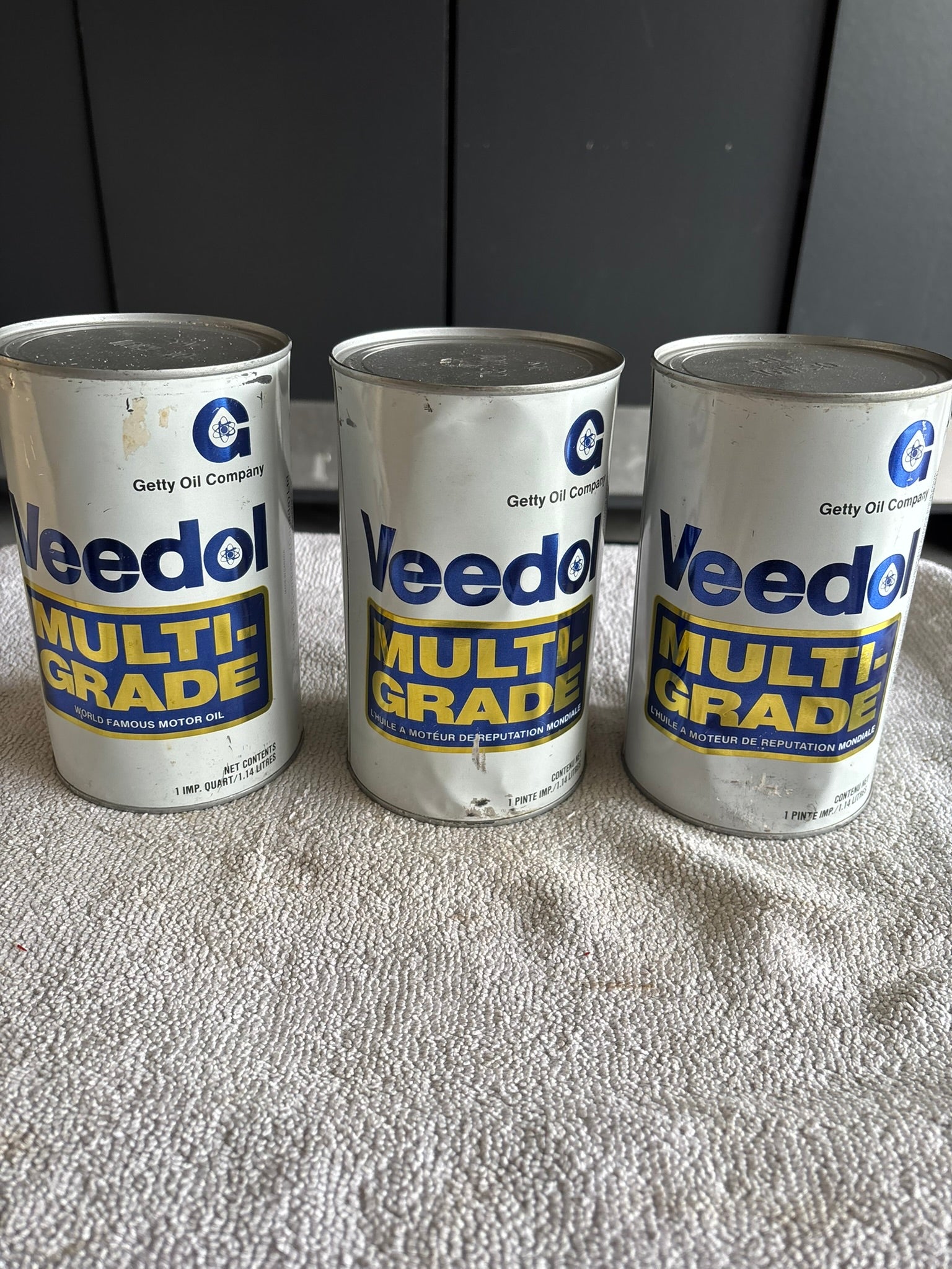 3 Veedol Multigrade Metal Oil cans FULL pressure dents etc. (all 3 for 1 price)