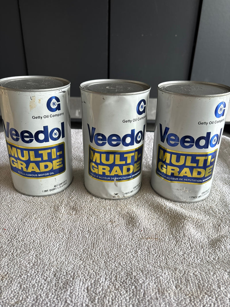 3 Veedol Multigrade Metal Oil cans FULL pressure dents etc. (all 3 for 1 price)