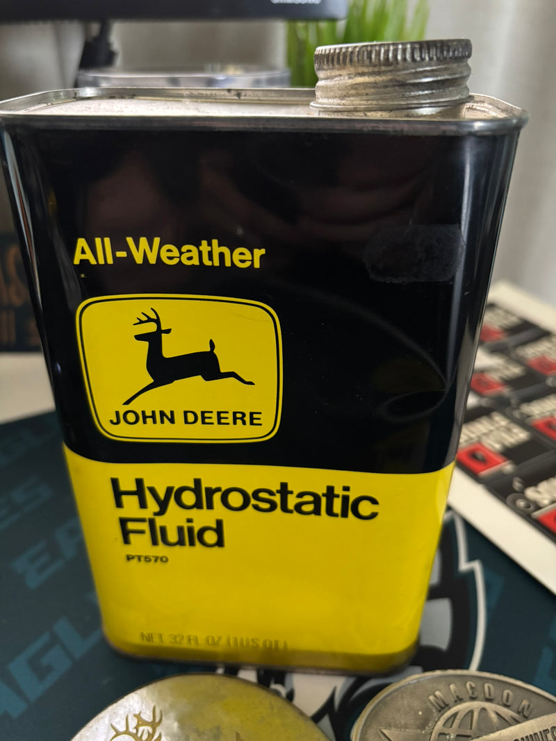 John Deere All Weather Hydrostatic Fluid Oil Can (Quart) and 2 John Deere Belt Buckles