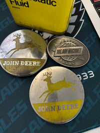 John Deere All Weather Hydrostatic Fluid Oil Can (Quart) and 2 John Deere Belt Buckles